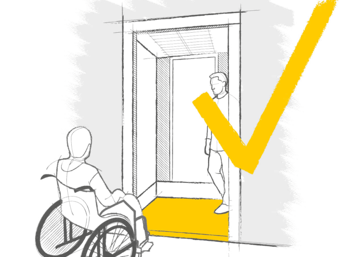 Illustration of a man in a wheelchair getting on a lift without mislevel